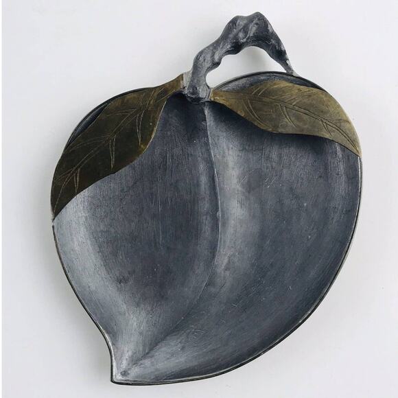 Pure Pewter Peach Shape Leaf Divided Dish w/Brass Mixed Metals 5.5" Hong Kong - Picture 1 of 8